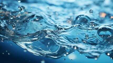 High-resolution water droplets and splashes isolated on a clear backdrop, with an elegant blue water wave for an abstract effect.