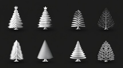 Obraz premium Set of eight monochrome Christmas tree icons in silver and white tones on a black background with modern, abstract shapes and metallic textures for digital use