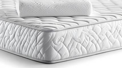 Premium memory foam mattress, isolated on pure white, capturing smooth edges and layered design, ideal for high-end sleep product advertising