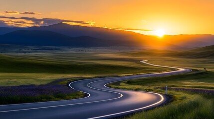 Naklejka premium A road meanders through lush lavender fields under the golden hues of late afternoon light, with the calm scent of lavender filling the air
