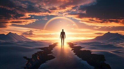 A road torn apart with potholes and barriers, a distant figure approaching a radiant rainbow-lit sky, symbolizing success after hardship