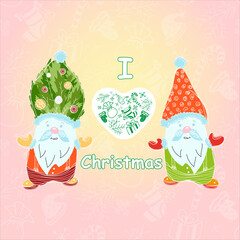 Very cute Christmas two gnomes, with a Christmas greeting, on a bright background with a patern. Vector illustration.