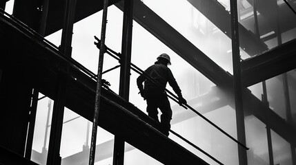 Construction Worker Walking on a Steel Beam