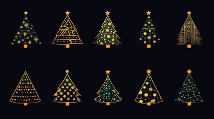 Elegant Christmas tree patterns in gold and green tones with intricate linework and festive shapes on a dark backdrop for refined seasonal creativity