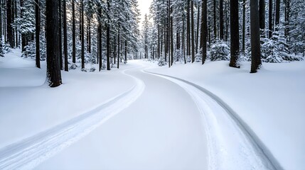 Fototapeta premium A serene winter scene, a quiet road meandering through a dense evergreen forest, snow freshly fallen, creating a calm, pristine winter atmosphere