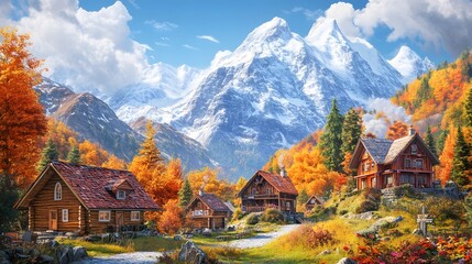 Fototapeta premium Autumnal mountain village with wooden cabins.
