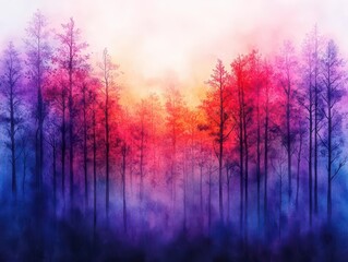 Obraz premium Magical watercolor sunset forest blending bold reds and purples into soft lavender mist