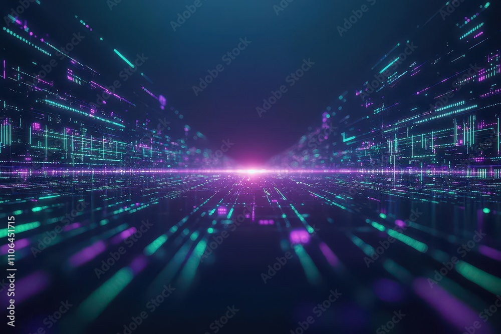 Poster neon grid stretching into infinity, glowing data nodes pulsing in purple and green, low angle, dynam