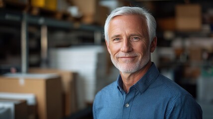Portrait of smiling senior manager standing in warehouse: