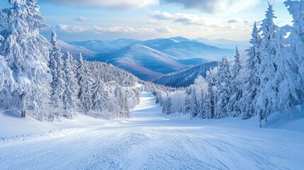 Obraz premium Snowy ski slope descending into beautiful winter mountain valley at sunset