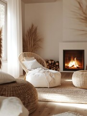 Fototapeta premium Cozy Living Room with Wicker Furniture and Fireplace