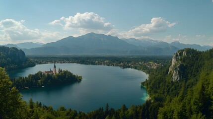Panoramic view of a lake with island church, mountains, and forest.