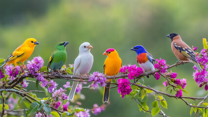 Vibrant Perch: Beautiful Birds with Blooming Purple Flowers in Soft Light