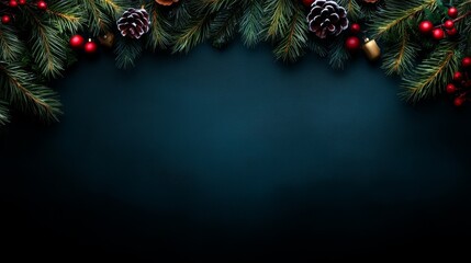 A festive scene adorned with pine cones, vibrant berries, and lush fir branches, capturing the spirit of Christmas and the beauty of the winter season.