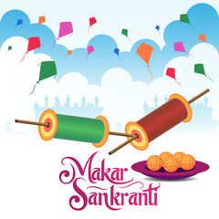 The image showcases Makar Sankranti with vibrant kites soaring in the sky spools of thread and a plate of ladoos Makar Sankranti is written in a decorative font below exuding joy and festivity
