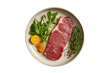 Fototapeta premium Fresh cut of beef with herbs and lemon arranged on a plate ready for cooking in a well-lit kitchen setting