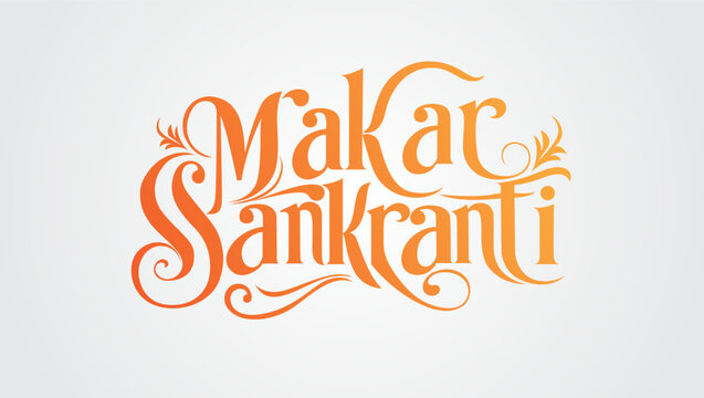 The image captures the spirit of Makar Sankranti with Makar Sankranti written in a stylized orange to yellow gradient font surrounded by blue and white decorative swirls evoking festivity