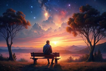 Obraz premium Contemplative moment at sunset near mountains under a starry sky