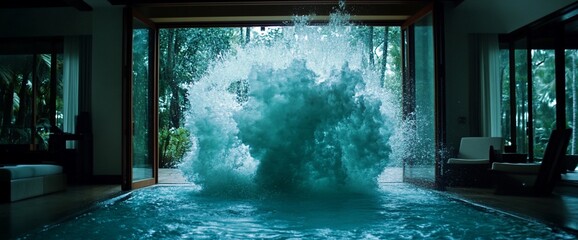 Massive wave crashing into indoor pool through open doors.
