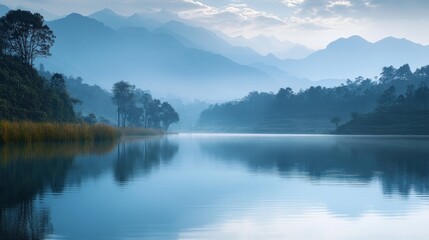 Fototapeta premium Tranquil Lake in a Misty Mountain Landscape