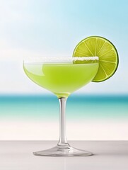 Refreshing Margarita Cocktail with Lime on Coastal Background