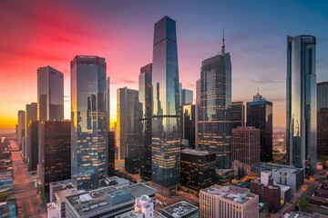 Obraz premium breathtaking city skyline at sunset with colorful skies and skyscrapers