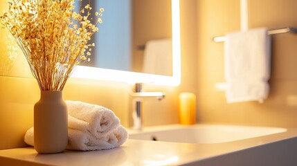 Minimalist washroom featuring a seamless vanity with integrated sink, a backlit mirror, and soft decor elements such as dried flowers and textured towels