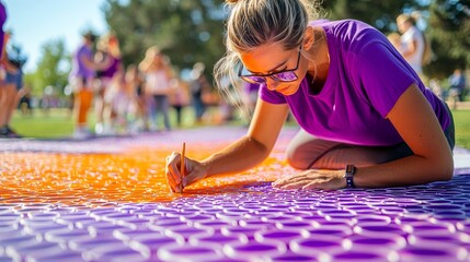 Interactive public art installation in an urban park, people adding personal touches to a large community canvas, vibrant, inclusive, and engaging