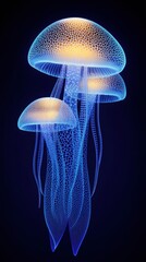 Glowing Blue Jellyfish with Intricate Patterns Against Dark Background