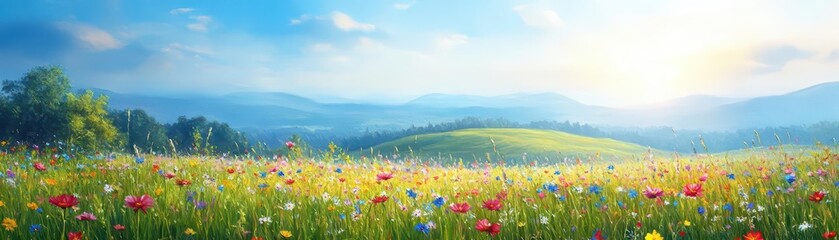 Obraz premium Sunlit meadow with wildflowers swaying in the wind, rolling hills in the background, oil painting effect, vibrant colors