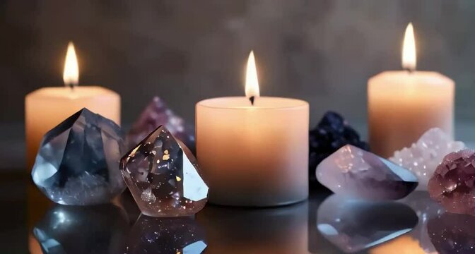 Crystals and Candlelight Background: "Soft candlelight illuminating sparkling crystals in muted tones, creating a mystical, calming background that enhances themes of manifestation and self-reflection