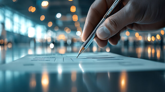 Hand holding pen, filling out customs declaration form in bright office environment, showcasing attention to detail and professionalism