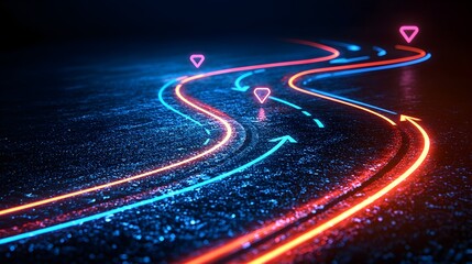 Conceptual roadmap to success with connected dots, business symbols, showcasing stages of growth, futuristic gradient colors--style raw