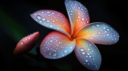 Water Droplets Adorn a Colorful Plumeria Flower