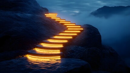 Light-filled staircase spiraling up through mist over a deep valley, each illuminated step symbolizing personal growth and ascension--style raw