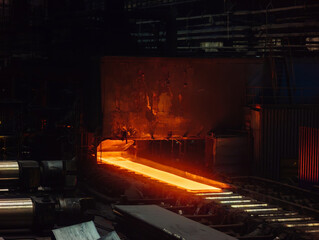 Rolled metal factory. Hot iron slab moving on conveyor of metal rolling mill