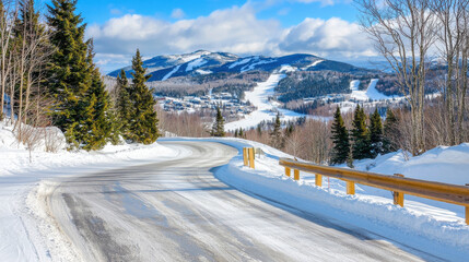 scenic overlook with view of winding road surrounded by snow covered trees and mountains. bright blue sky adds to serene winter landscape