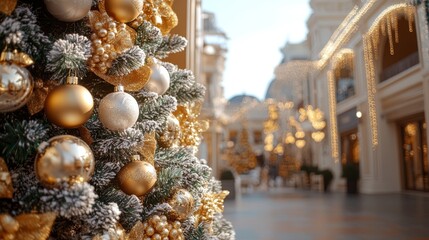 A majestic Christmas tree adorned with shimmering gold ornaments stands proudly in a bustling mall, radiating warmth and holiday cheer.