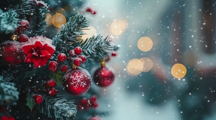 A majestic Christmas tree adorned with vibrant red ornaments, surrounded by a blanket of fresh snow, evoking warmth and holiday cheer.