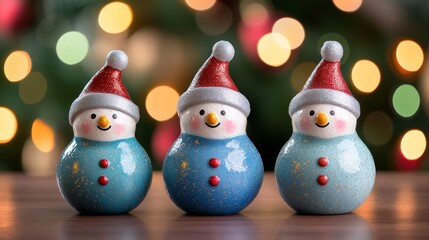 Three cheerful snowmen in vibrant blue shirts and festive hats gather joyfully on a table, embodying the spirit of Christmas fun and winter wonder.