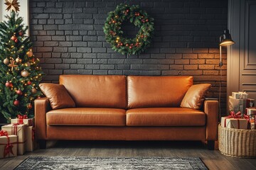 A cozy couch adorned with colorful Christmas presents, while a festive wreath hangs gracefully on the wall, inviting holiday cheer into the room.