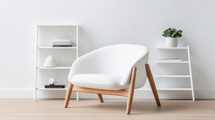 Minimalist Living Room with White Armchair and Modern Shelving