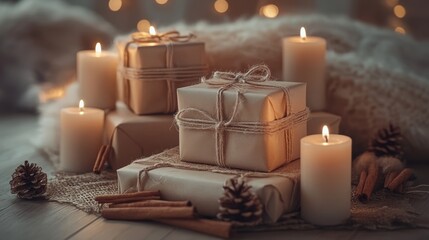 A cozy table adorned with flickering candles and colorful wrapped presents, all set atop a warm blanket, radiating Christmas cheer and festive spirit.