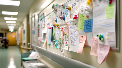 hospital bulletin board filled with colorful notes, reminders, and announcements, showcasing busy healthcare environment