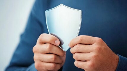 Close up of a hand holding a white shield icon, symbolizing cybersecurity and protection in a...