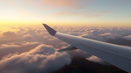 Obraz premium Airplane wing above sunset cloudscape.