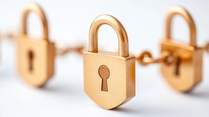 Golden padlocks connected in a row on a reflective white surface, symbolizing security, trust, and...