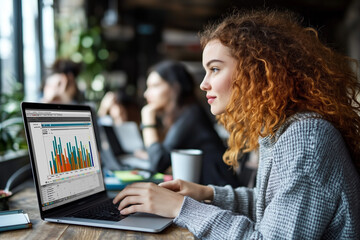 woman with curly hair analyzes data on laptop in modern workspace. environment is collaborative, with colleagues engaged in discussions