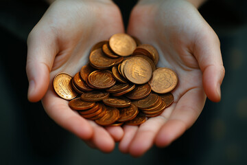 pair of hands holding large collection of shiny coins, symbolizing wealth and prosperity. coins are stacked and scattered, creating sense of abundance and financial success
