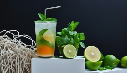 A chilled, clear glass with fresh juice, paired with fresh fruit slices and plant-based ingredients.